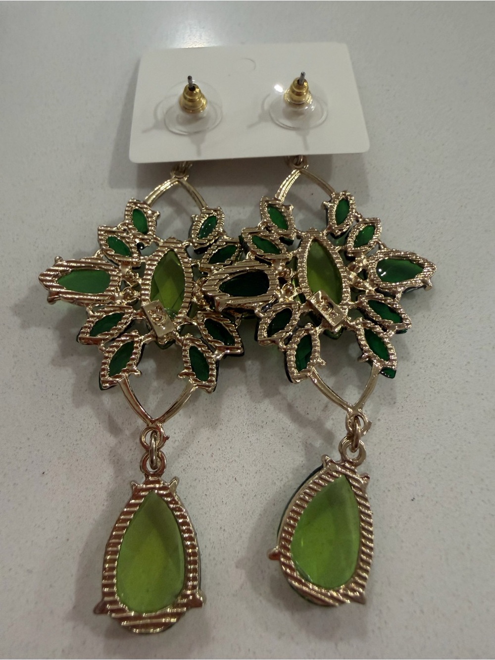 Green Crystal Drop Statement Earrings - Picture 4 of 4